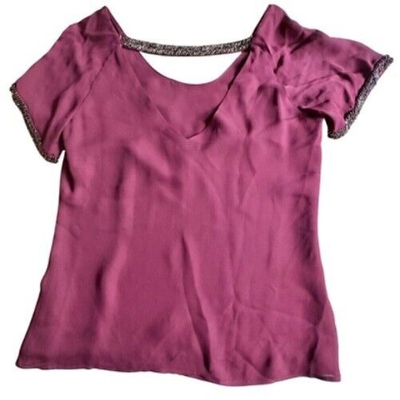 $328 REBECCA MINKOFF Zoey 100% Silk Beaded Top Merlot Cocktail Blouse SIZE 0 EUC - Picture 1 of 16